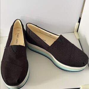 TOMS Black Canvas Platform Slip-On Mules with Striped Sole